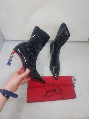 Christian Louboutin Marvel Black Patent Sock Heel Bejeweled Cosmic Ankle Boot